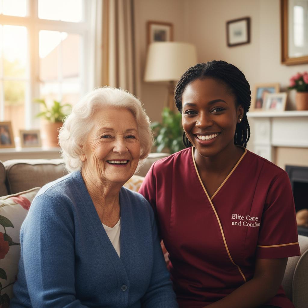 Elite Care and Comfort carer in crimson uniform sharing a warm moment with an older woman at home