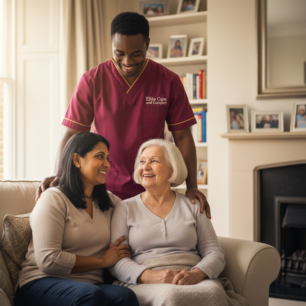 Elite Care and Comfort carer reassuring a family about person centred home care