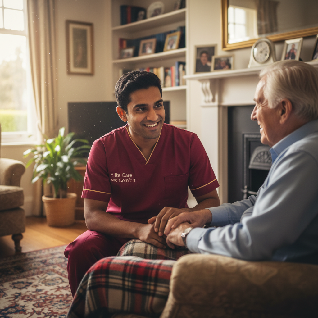 Elite Care and Comfort carer in conversation with an older man, the family ethos behind our care