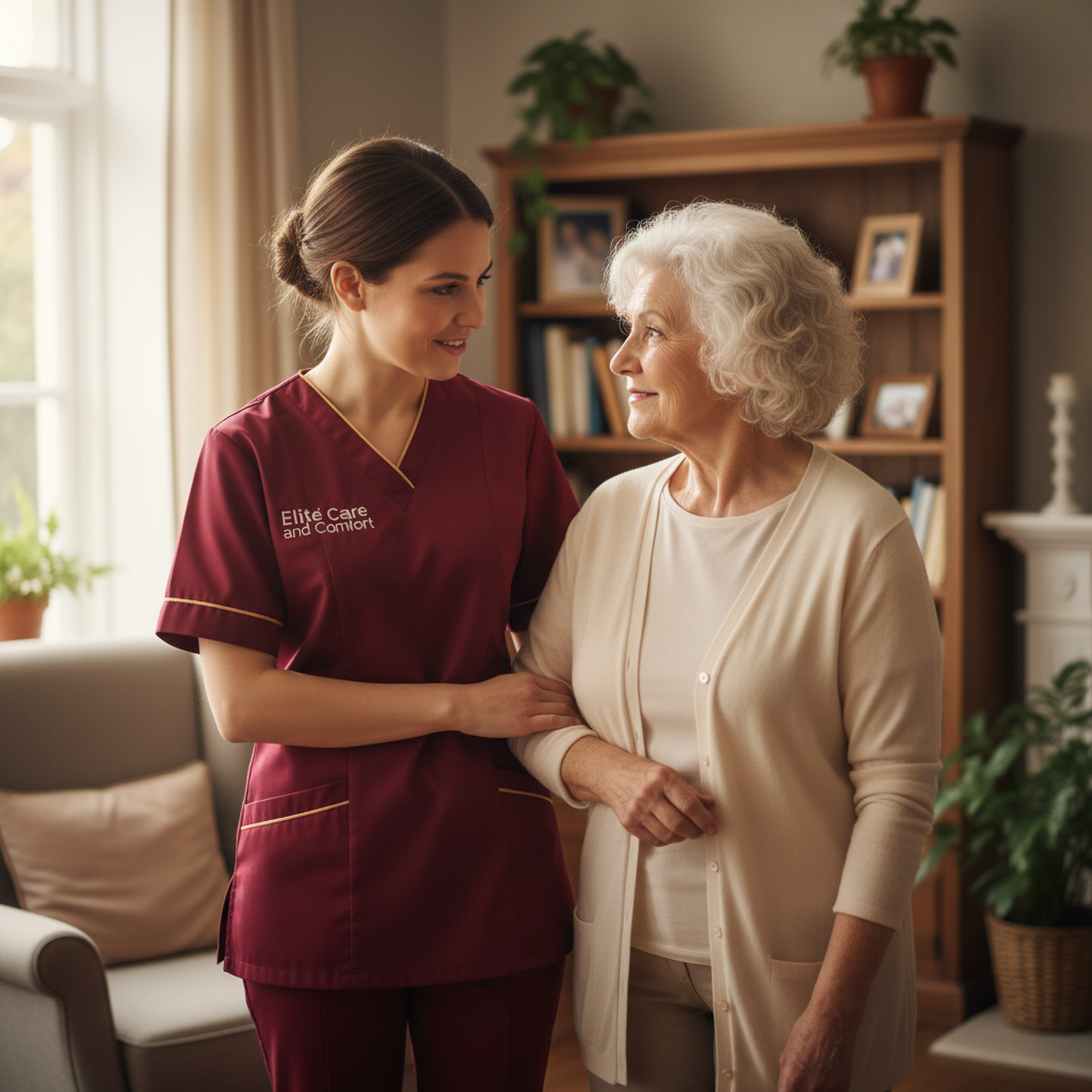 Elite Care and Comfort carer supporting an older woman's independence, reflecting our values