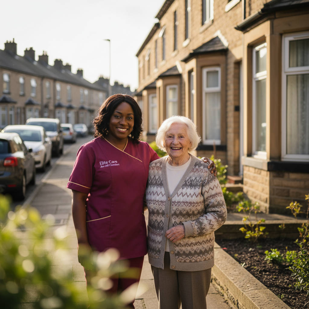 Elite Care and Comfort carer in crimson uniform providing local home care in Barnsley