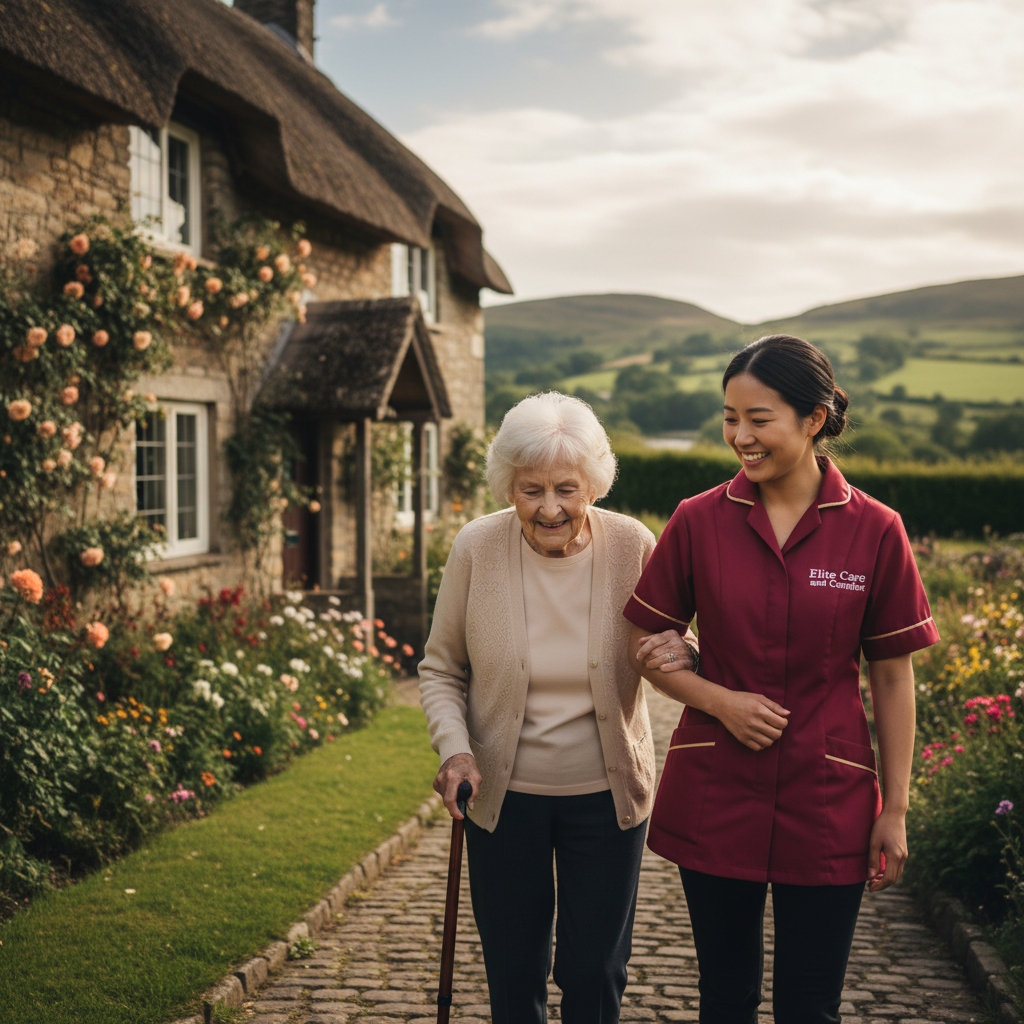 Elite Care and Comfort carer in crimson uniform providing local home care across Cumbria