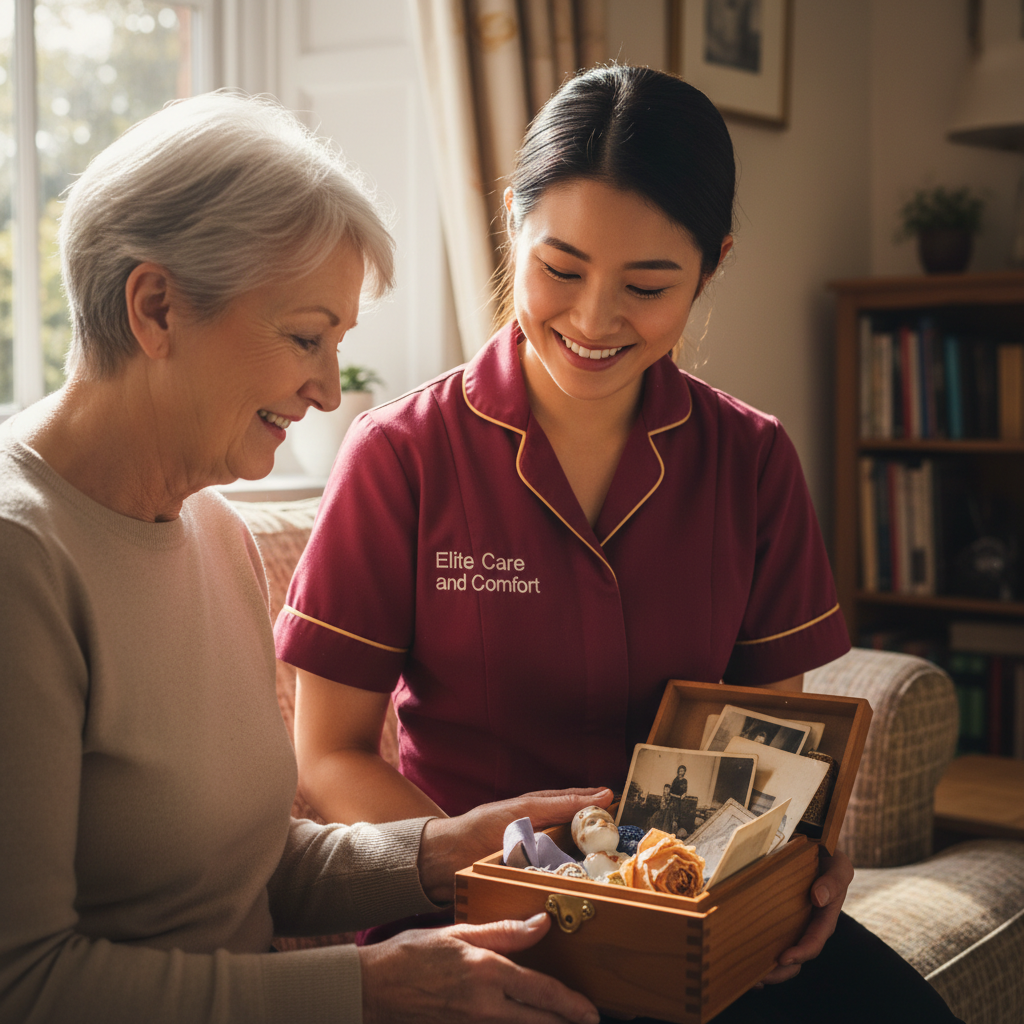 Elite Care and Comfort carer using a memory box to give person centred dementia care