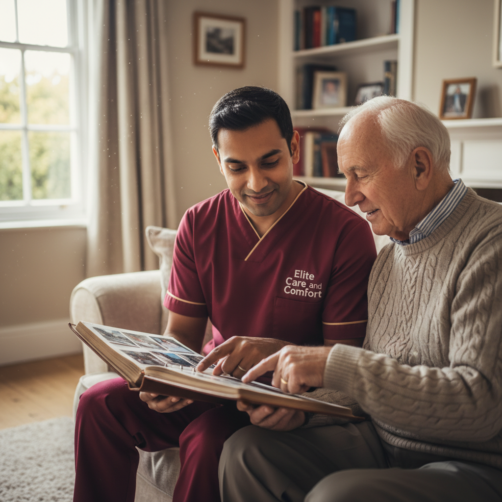 Elite Care and Comfort dementia carer in crimson uniform sharing a photo album with an older man at home