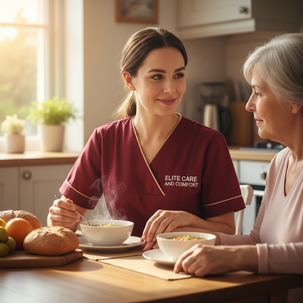 Elite Care and Comfort dementia carer encouraging an older woman during a calm mealtime at home