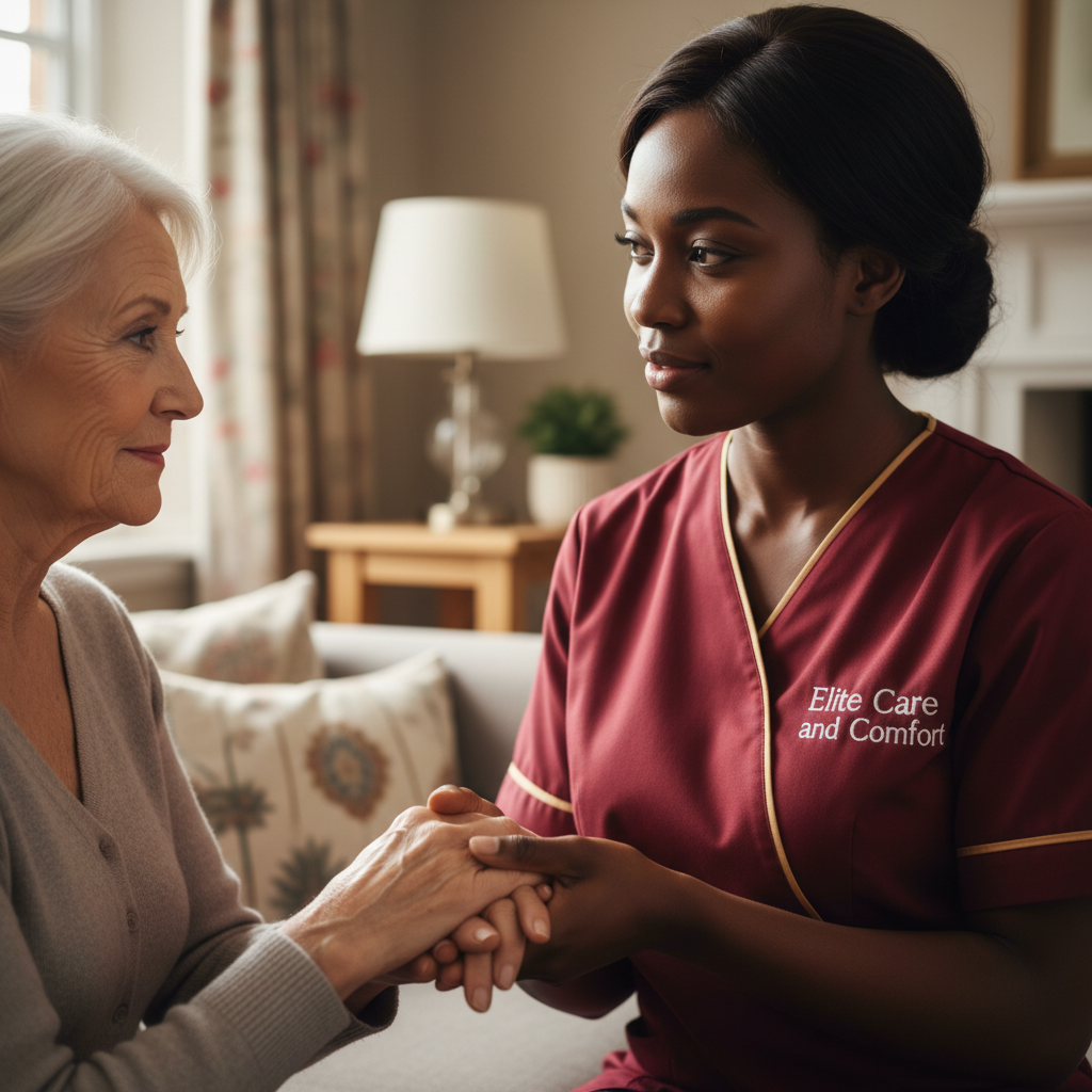 Elite Care and Comfort dementia carer reassuring an older woman in her own home