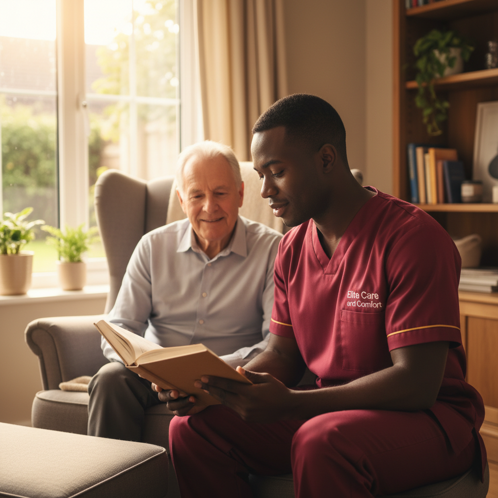 Elite Care and Comfort carer providing patient dementia support for an older man at home