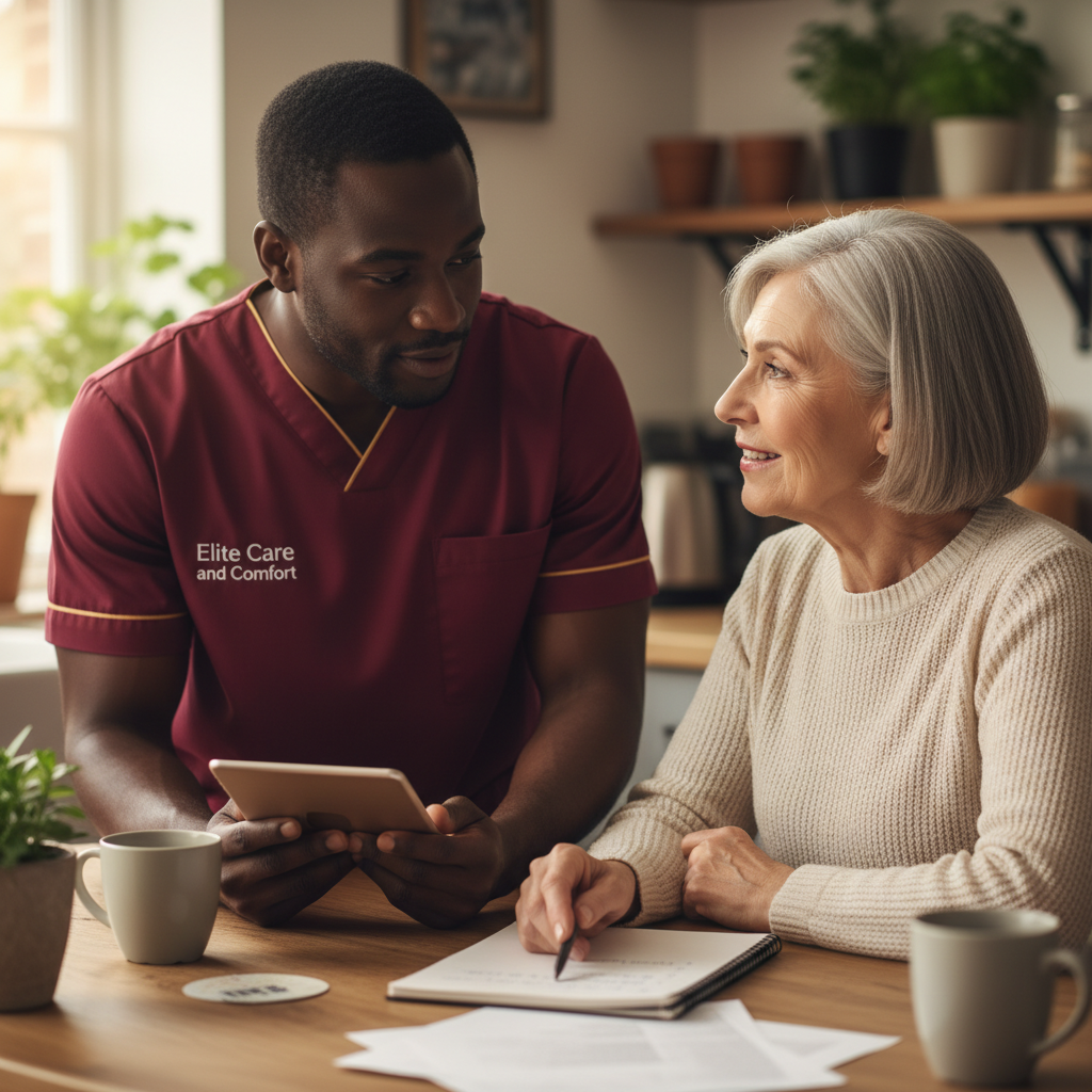 Elite Care and Comfort carer planning flexible domestic support tasks with an older woman