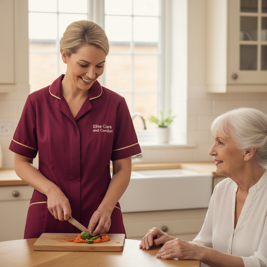 Elite Care and Comfort carer in crimson uniform preparing a meal during a domestic support visit at home