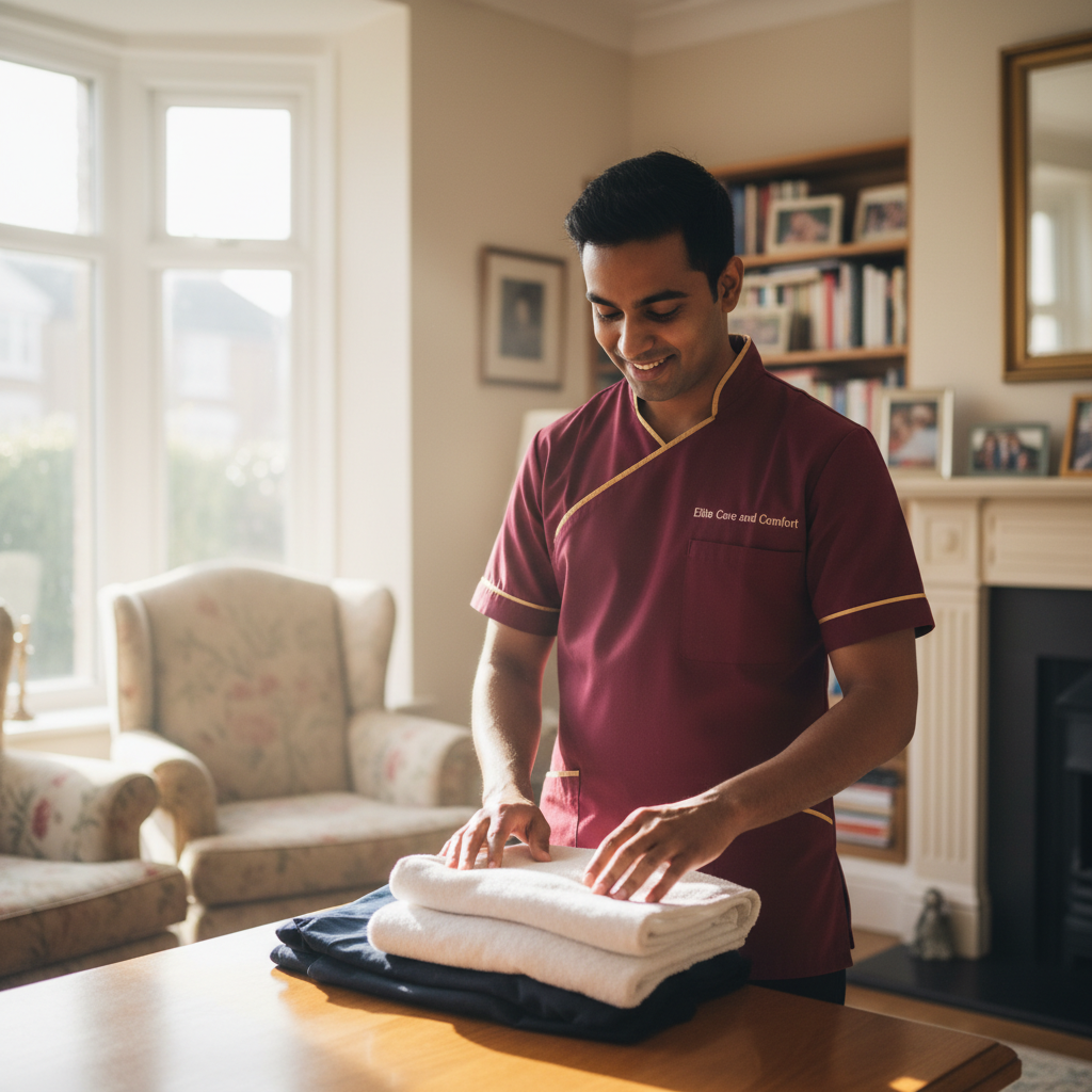 Elite Care and Comfort carer folding laundry during a domestic support and home help visit