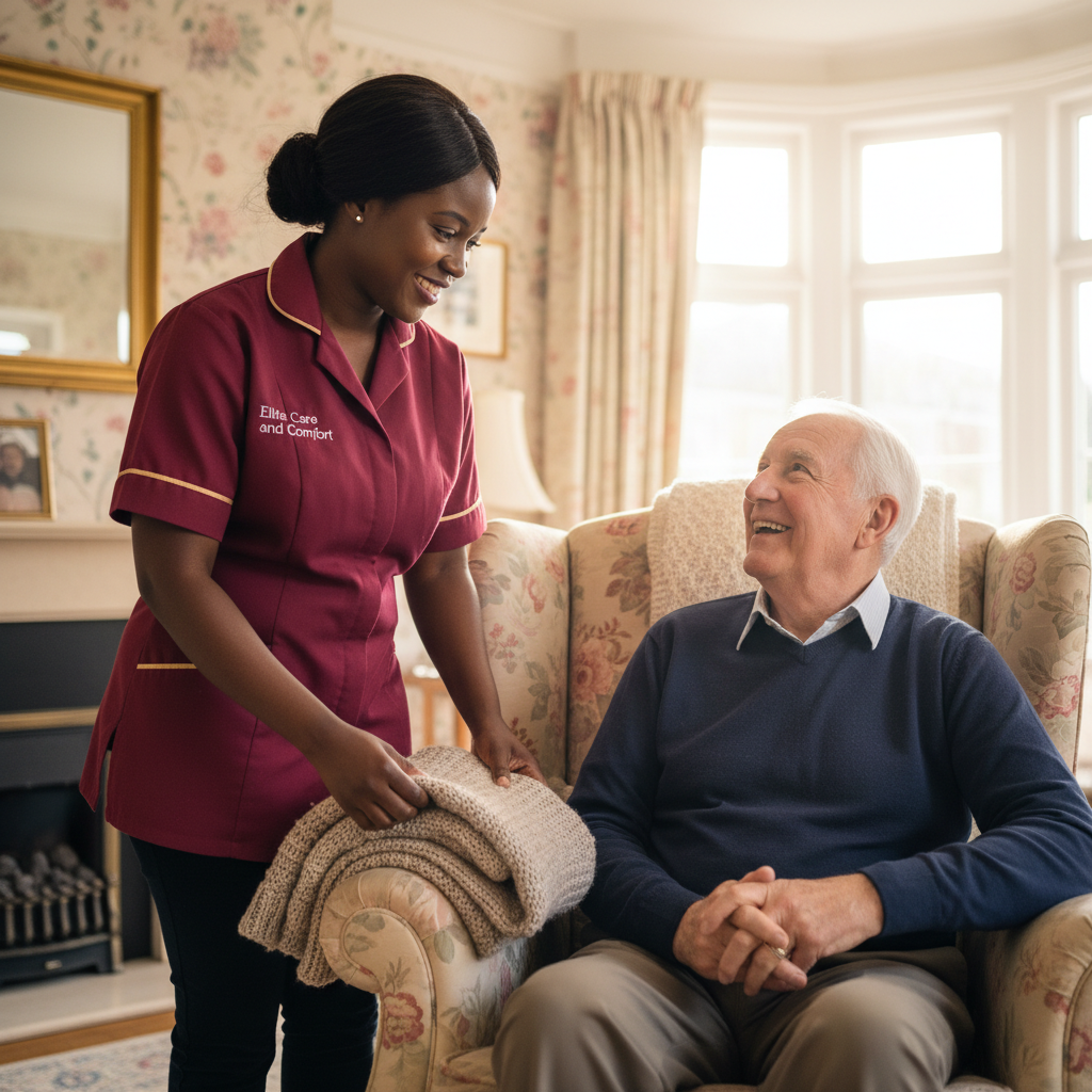Elite Care and Comfort carer tidying a living room while chatting with an older man at home
