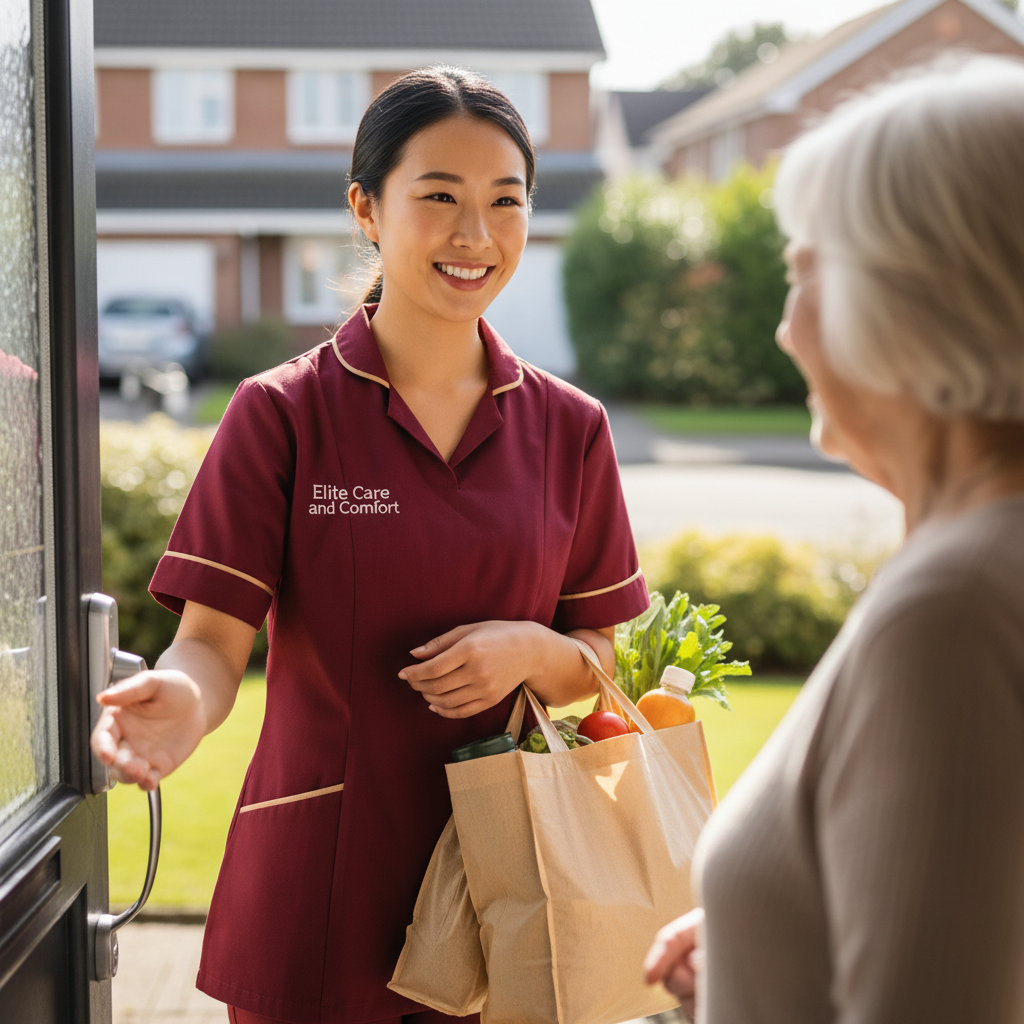 Elite Care and Comfort carer arriving with shopping to help an older person at home