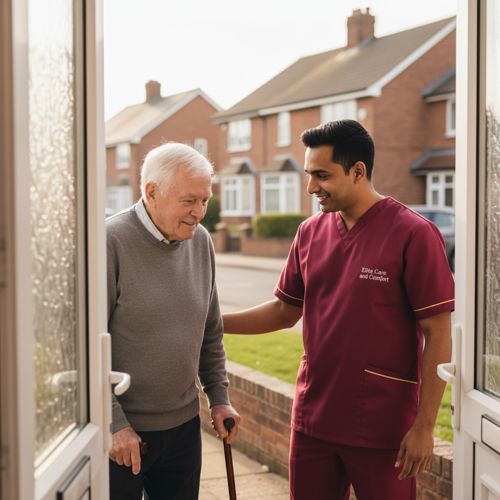 Elite Care and Comfort carer in crimson uniform providing local home care in Doncaster