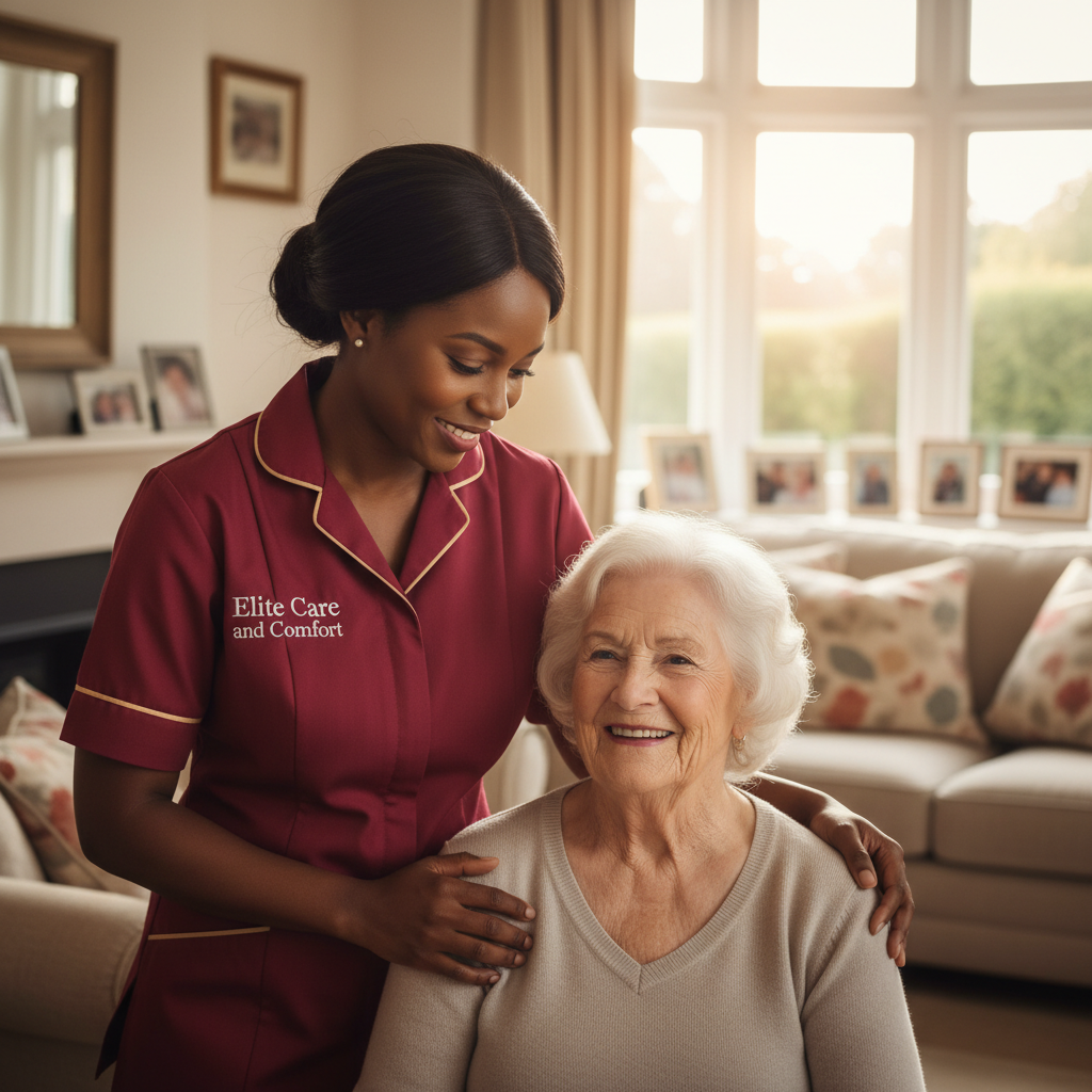 Elite Care and Comfort carer in crimson uniform supporting a smiling older woman at home in Barnsley