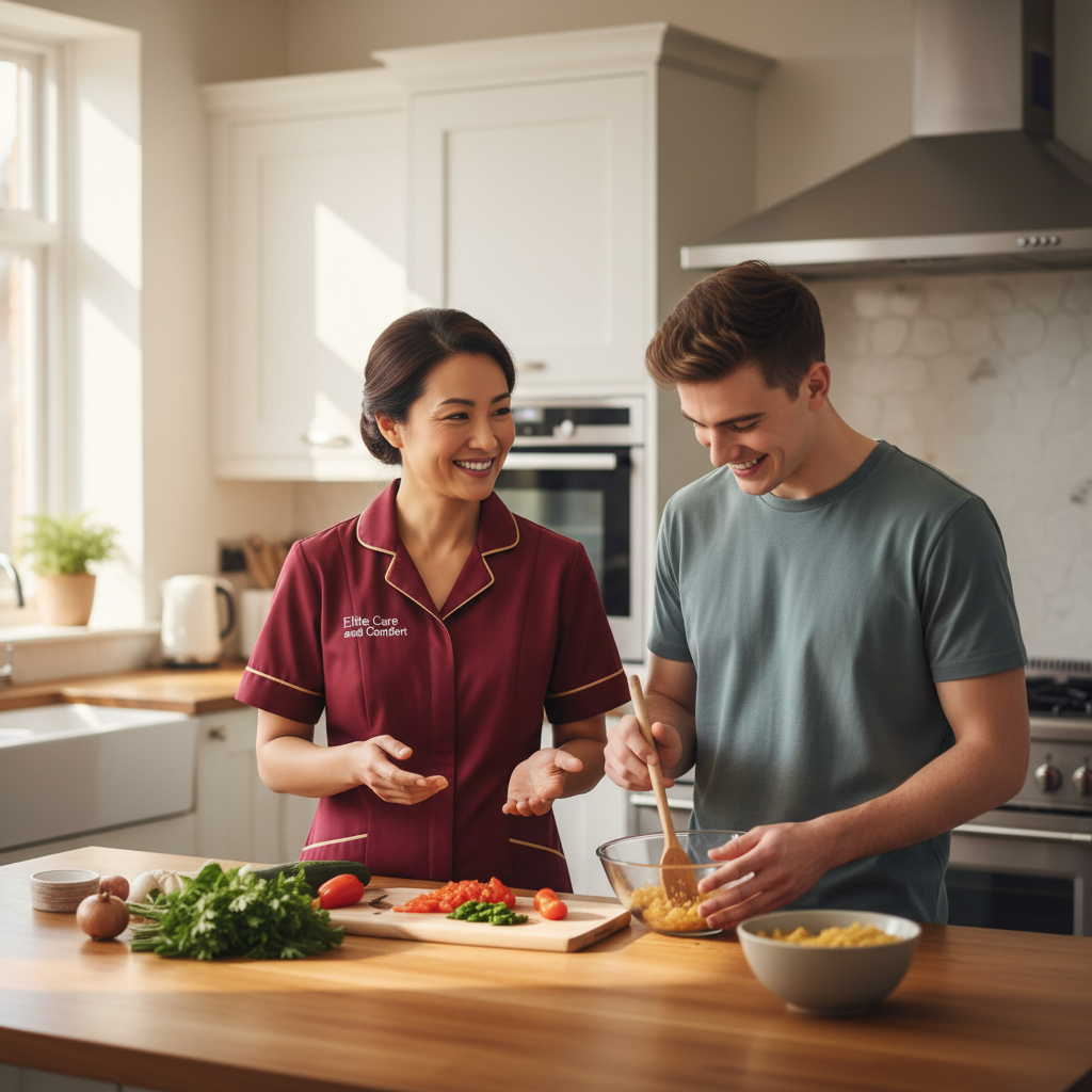 Elite Care and Comfort carer in crimson uniform supporting a young adult with learning disabilities to cook