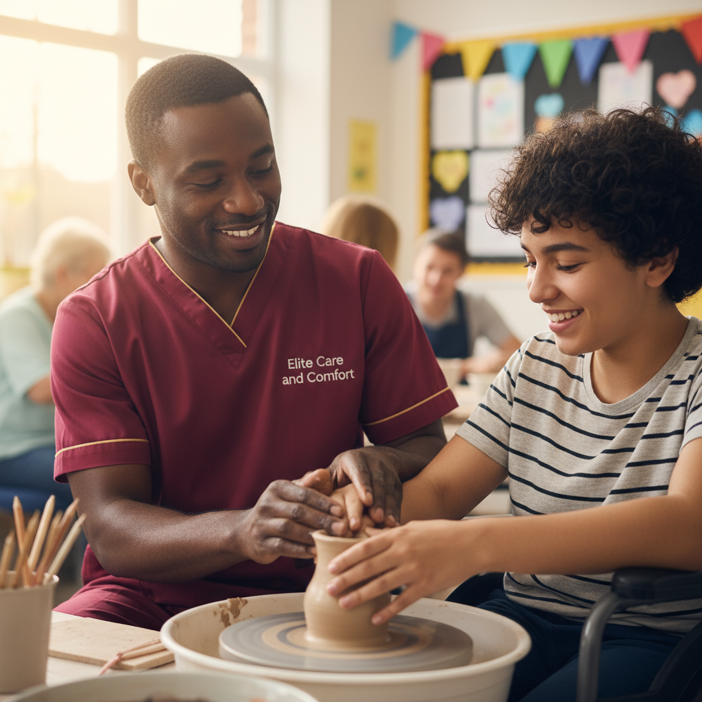 Elite Care and Comfort carer supporting a young adult to enjoy a community activity
