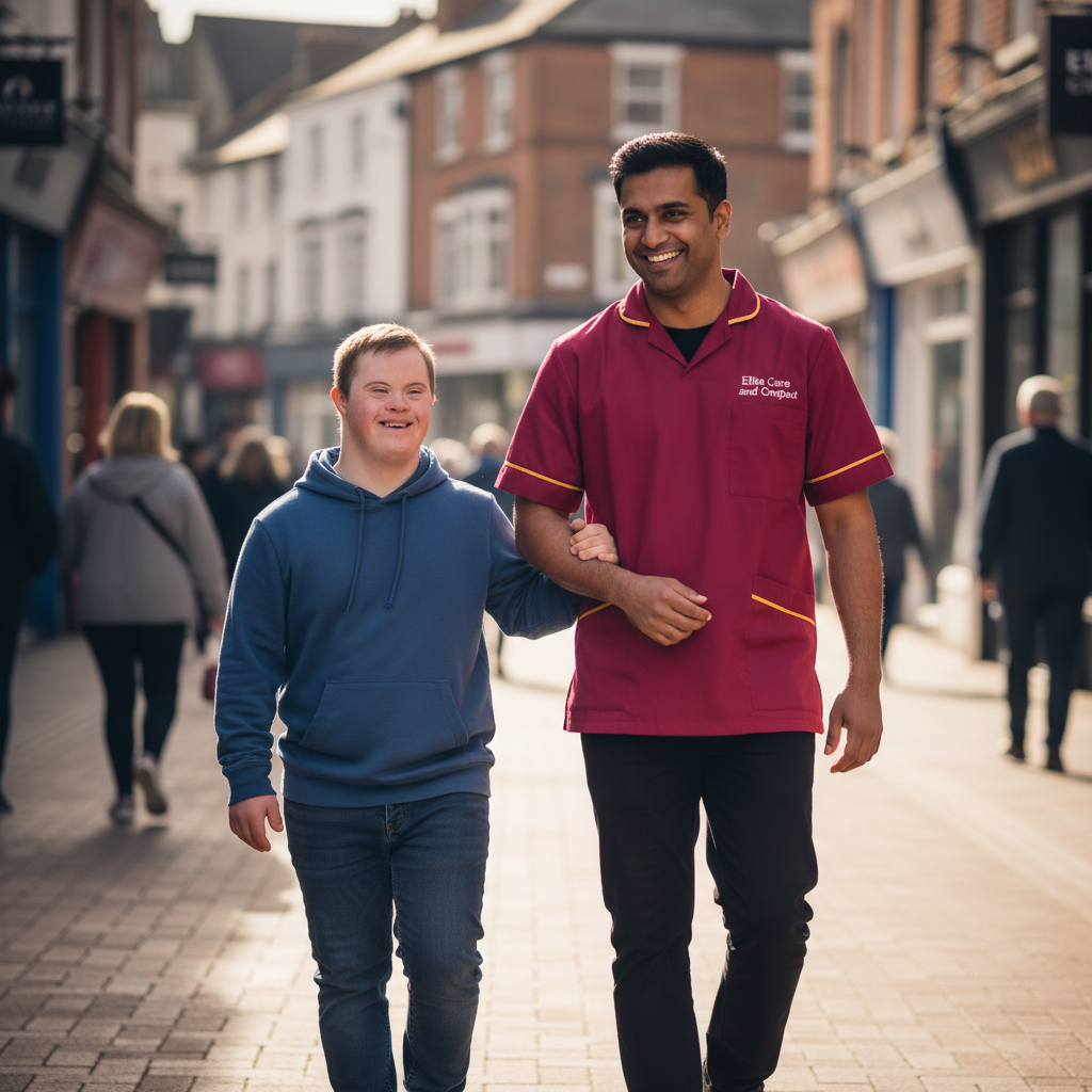 Elite Care and Comfort carer supporting a young adult on a community outing in their local area