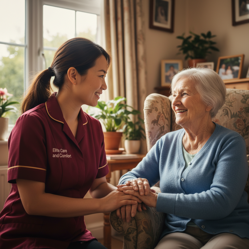 Elite Care and Comfort live-in carer in crimson uniform sharing everyday life with an older woman at home