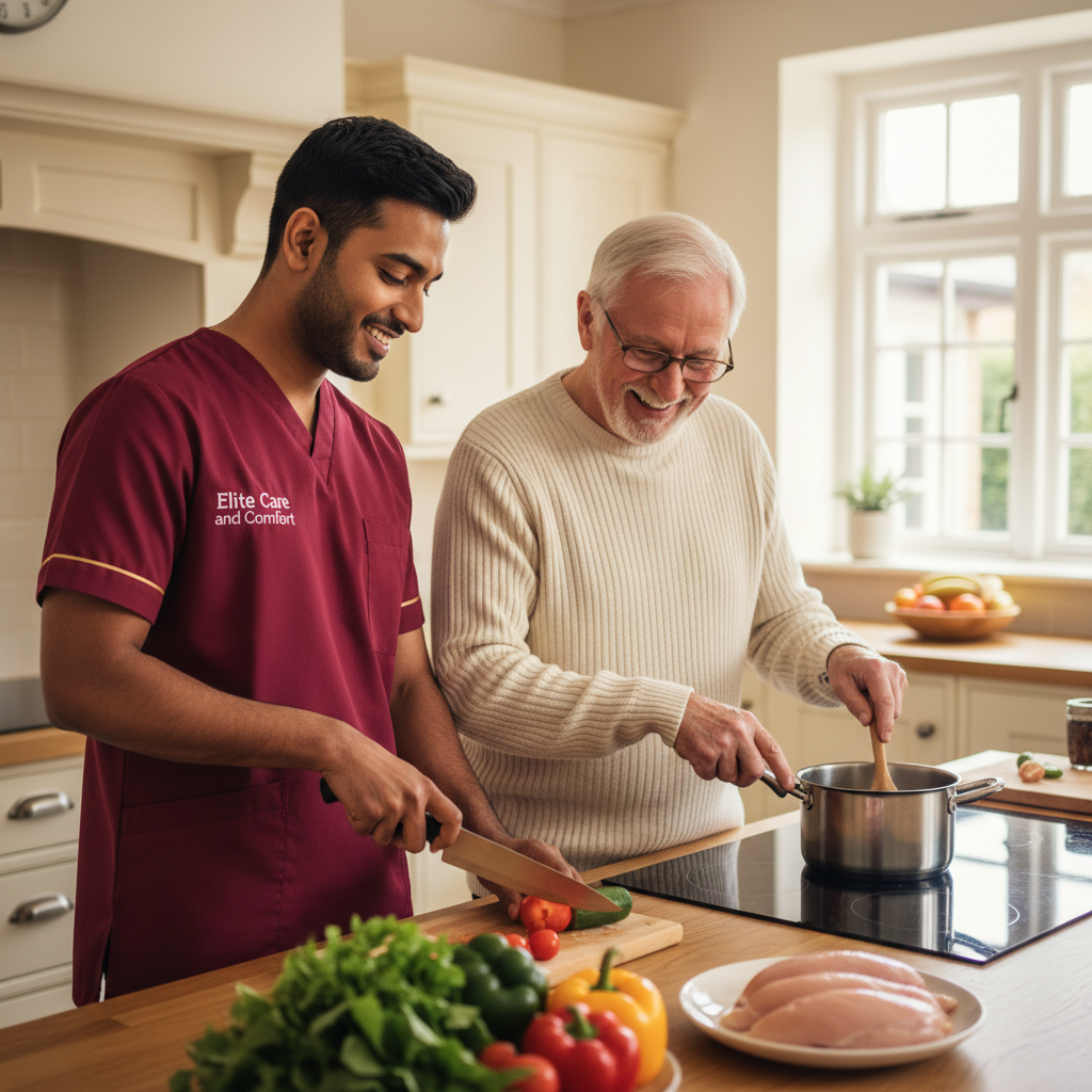 Elite Care and Comfort live-in carer preparing a meal with an older man at home