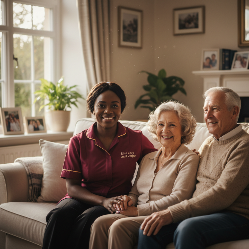 Elite Care and Comfort live-in carer spending a relaxed afternoon with an older couple at home