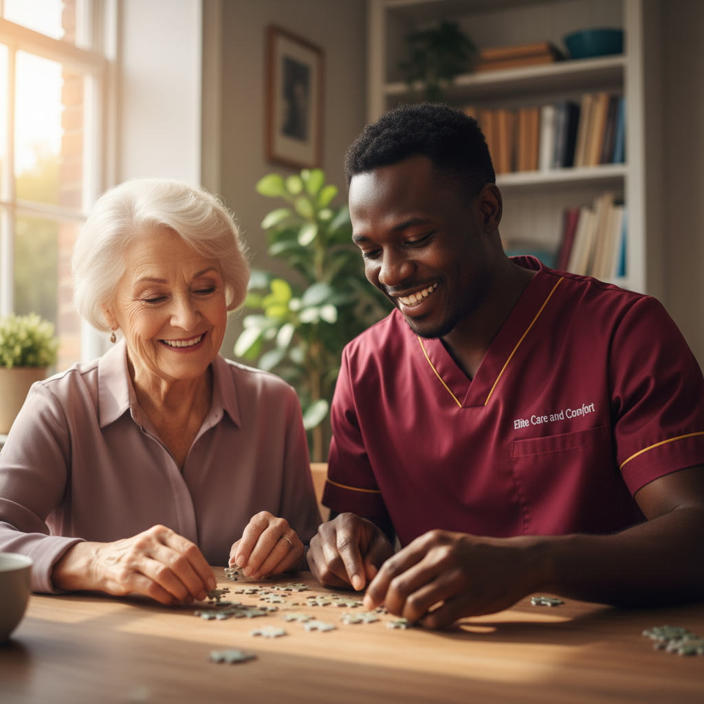 Elite Care and Comfort carer sharing a calm activity to support a client's wellbeing at home