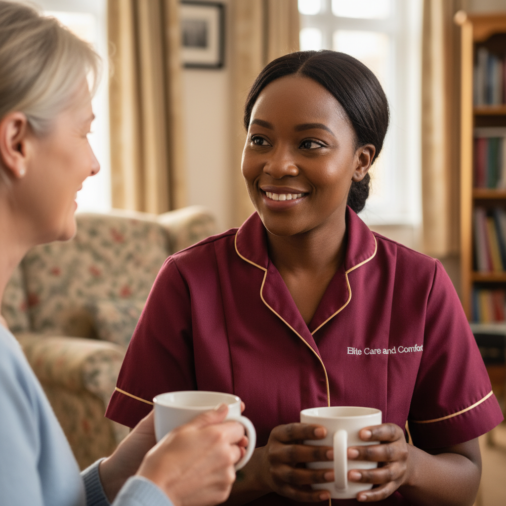 Elite Care and Comfort carer in crimson uniform offering compassionate mental health support over a cup of tea