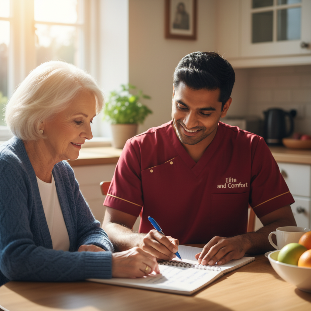 Elite Care and Comfort carer helping a client build a supportive daily routine at home