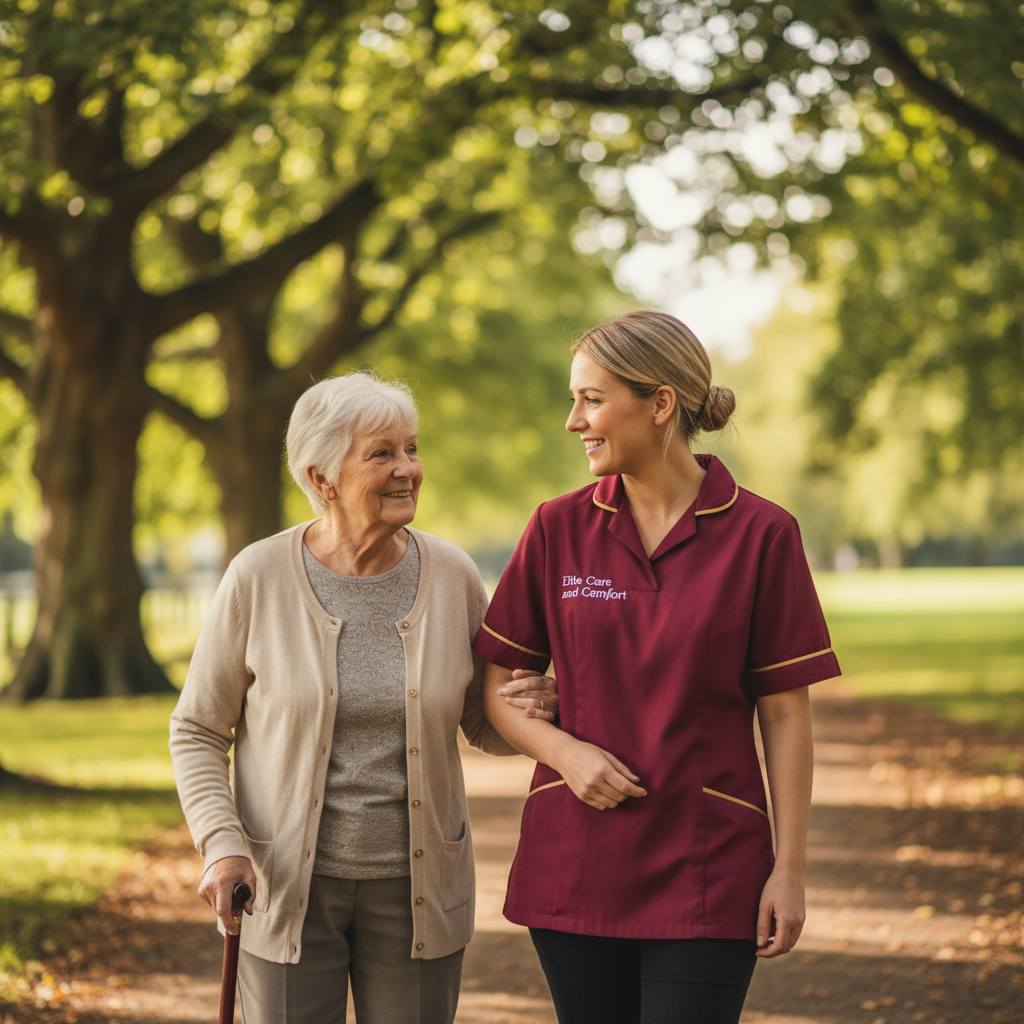 Elite Care and Comfort carer encouraging a client on a calm walk for mental wellbeing