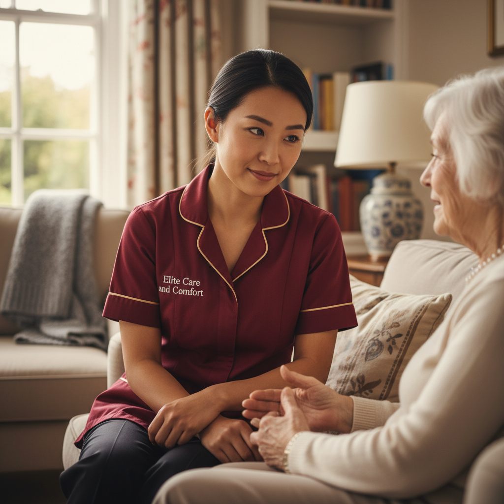 Elite Care and Comfort carer listening attentively to provide reassuring mental health support