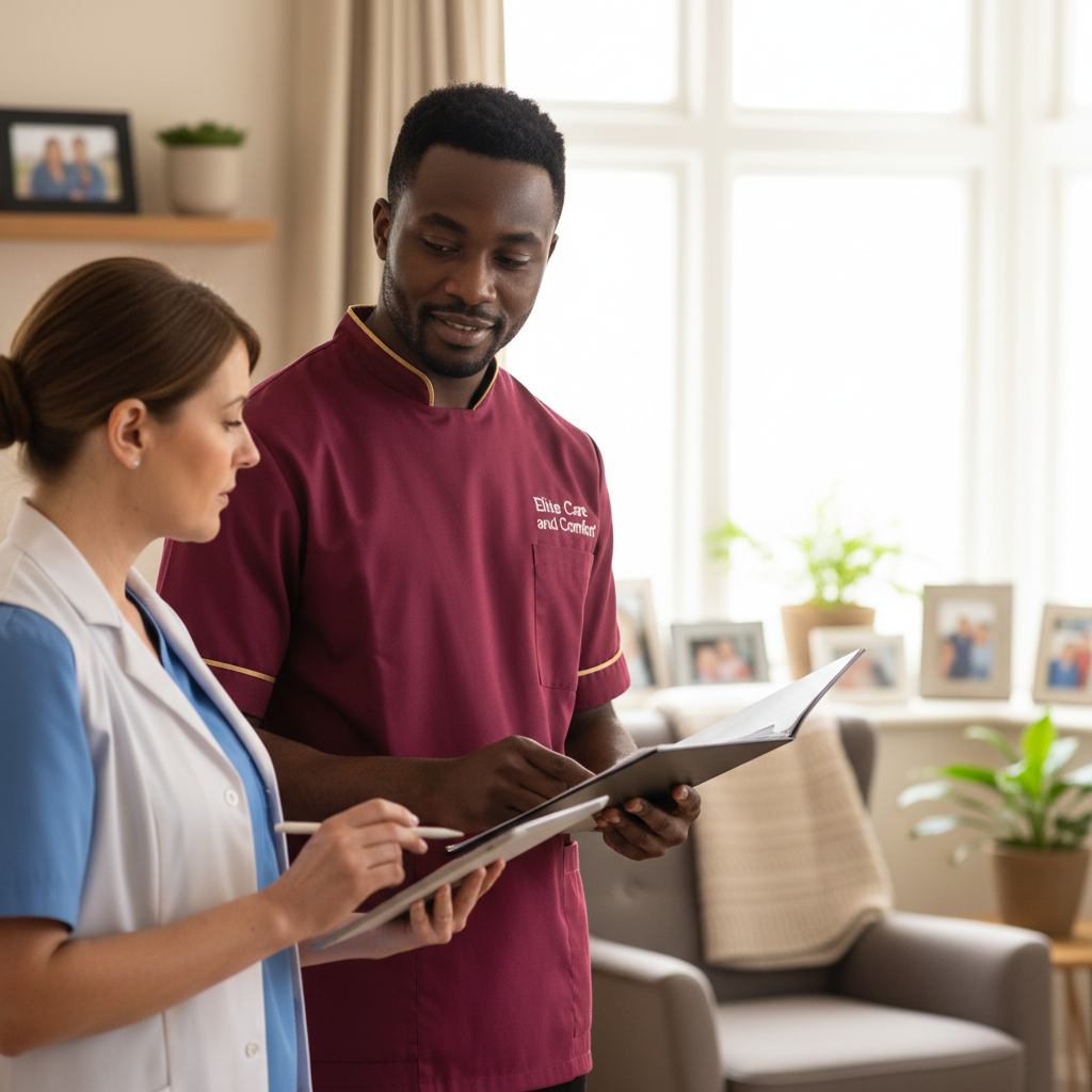 Elite Care and Comfort carer coordinating joined up palliative care with a district nurse at home