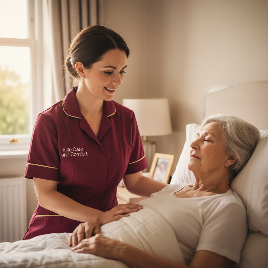 Elite Care and Comfort carer in crimson uniform providing gentle palliative care to a resting older person