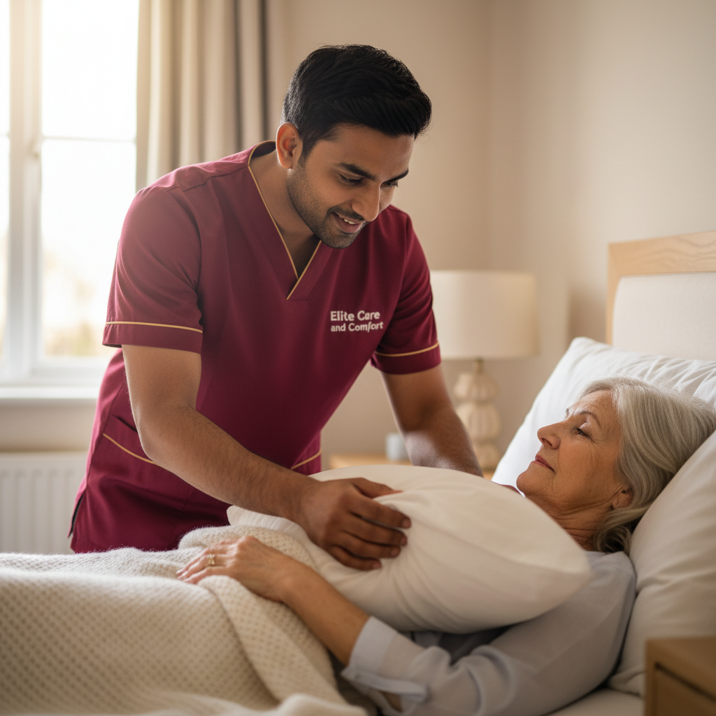 Elite Care and Comfort carer gently making an older person comfortable during palliative care