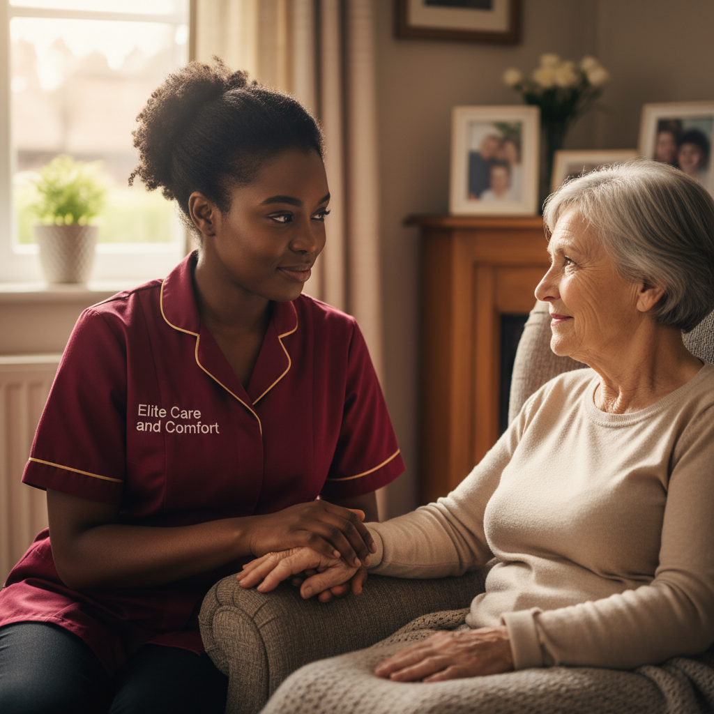 Elite Care and Comfort carer offering gentle reassurance and comfort during palliative care at home