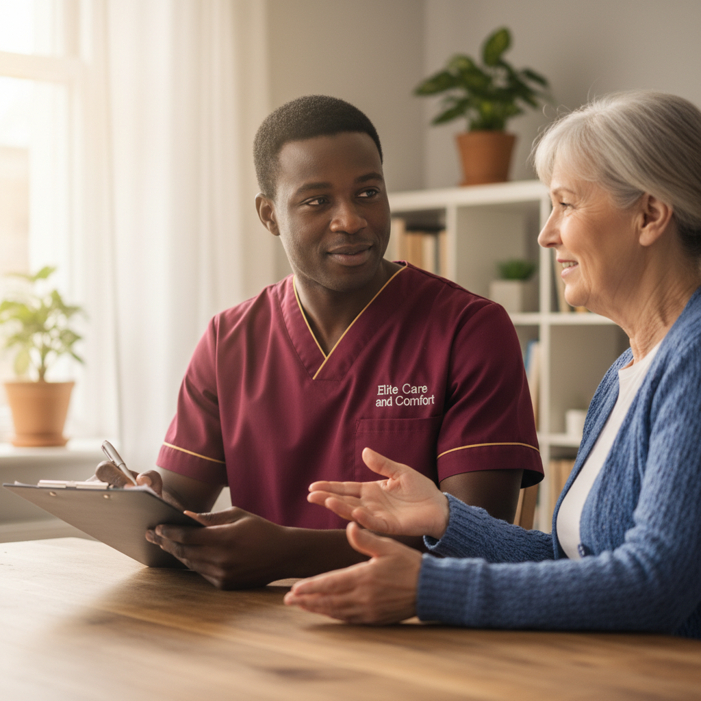 Elite Care and Comfort carer agreeing a personalised personal care plan with an older woman