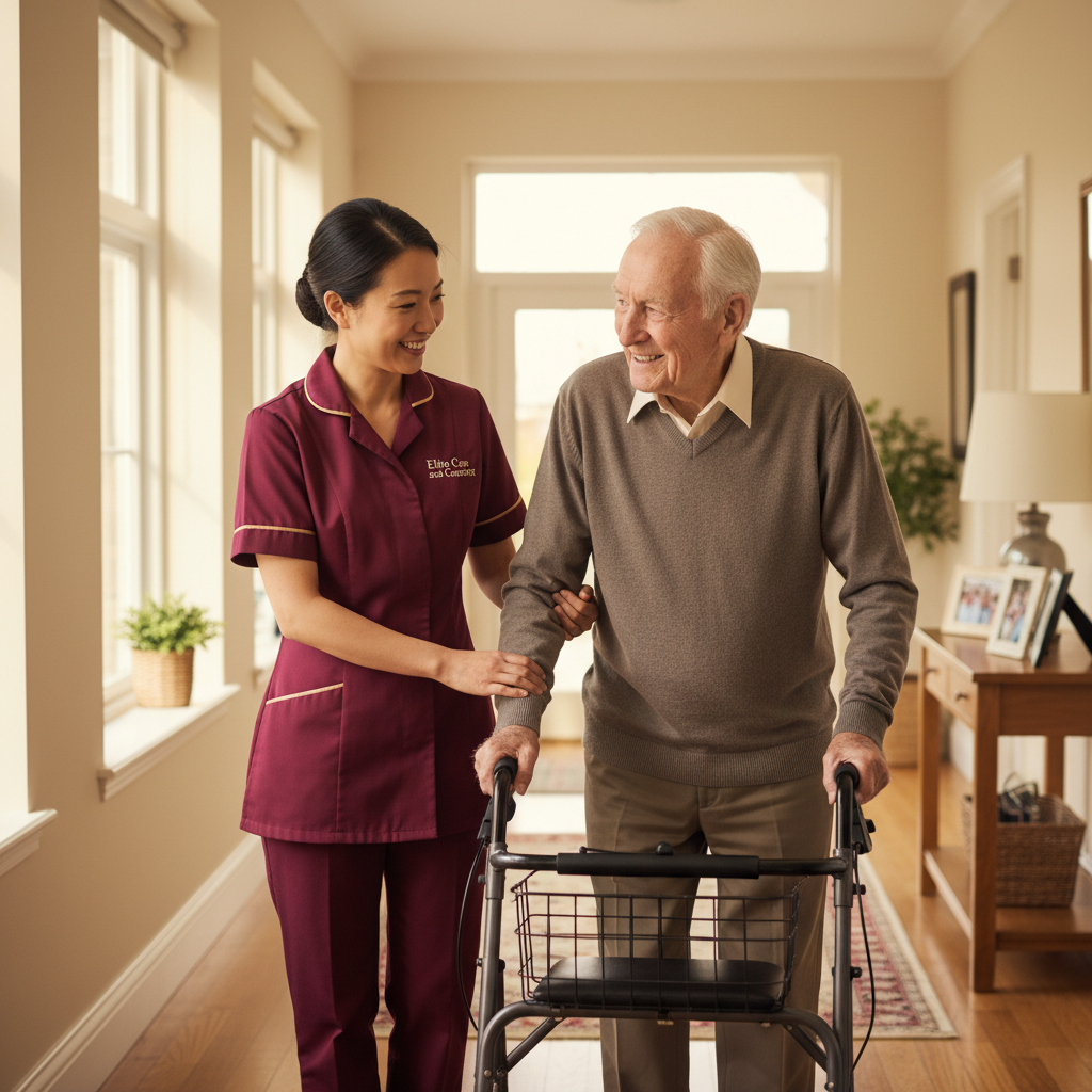 Elite Care and Comfort carer in crimson uniform helping an older man walk safely at home with personal care