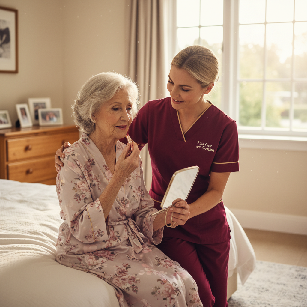 Elite Care and Comfort carer helping an older woman get dressed with dignity at home
