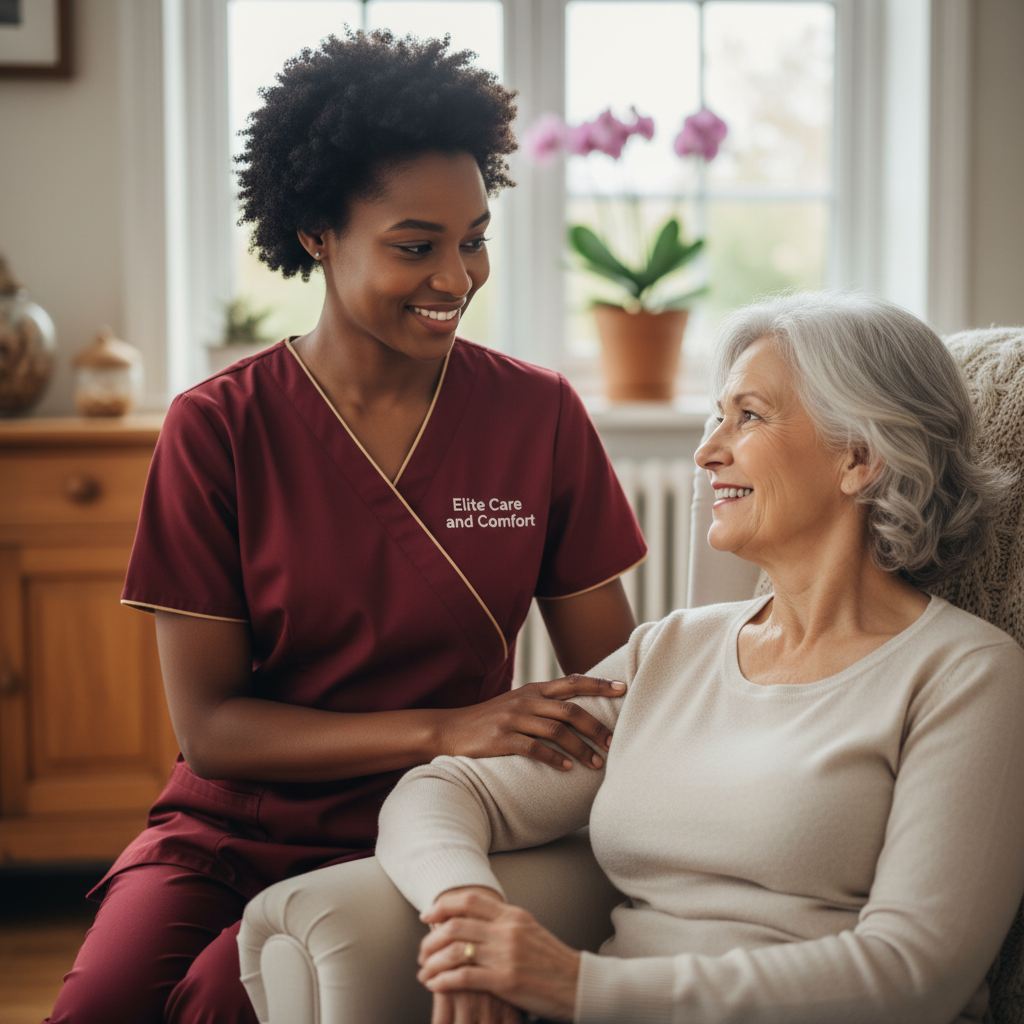 Elite Care and Comfort carer helping an older woman settle comfortably at home during a personal care visit