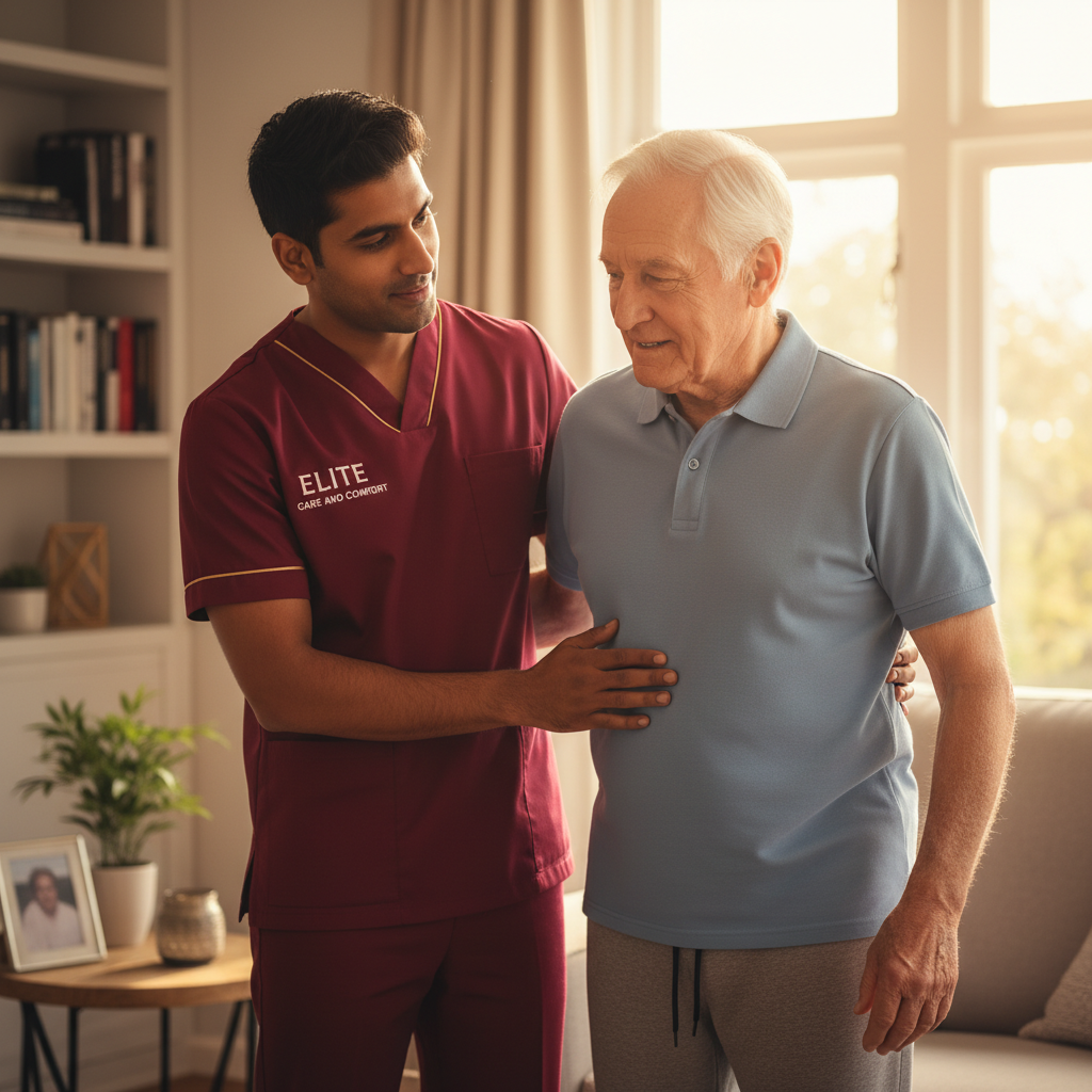 Elite Care and Comfort carer supporting an older man recovering at home after a hospital stay