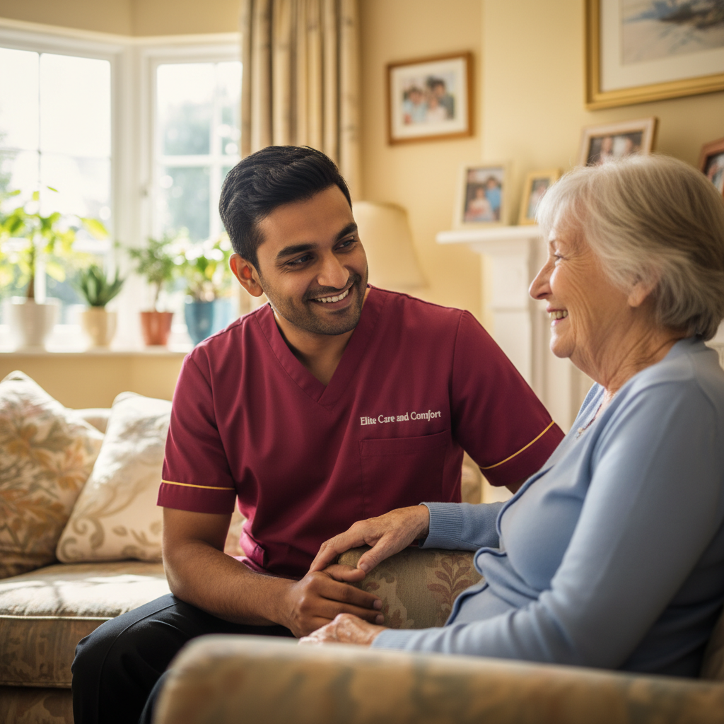 Elite Care and Comfort carer in crimson uniform settling in for a respite care visit so family can take a break