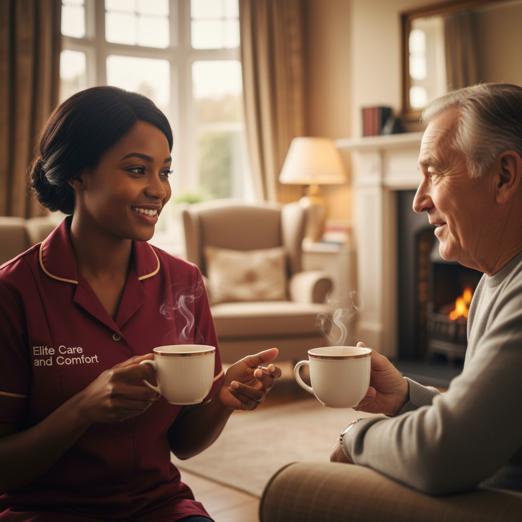 Elite Care and Comfort respite carer sharing a friendly cup of tea with an older man at home