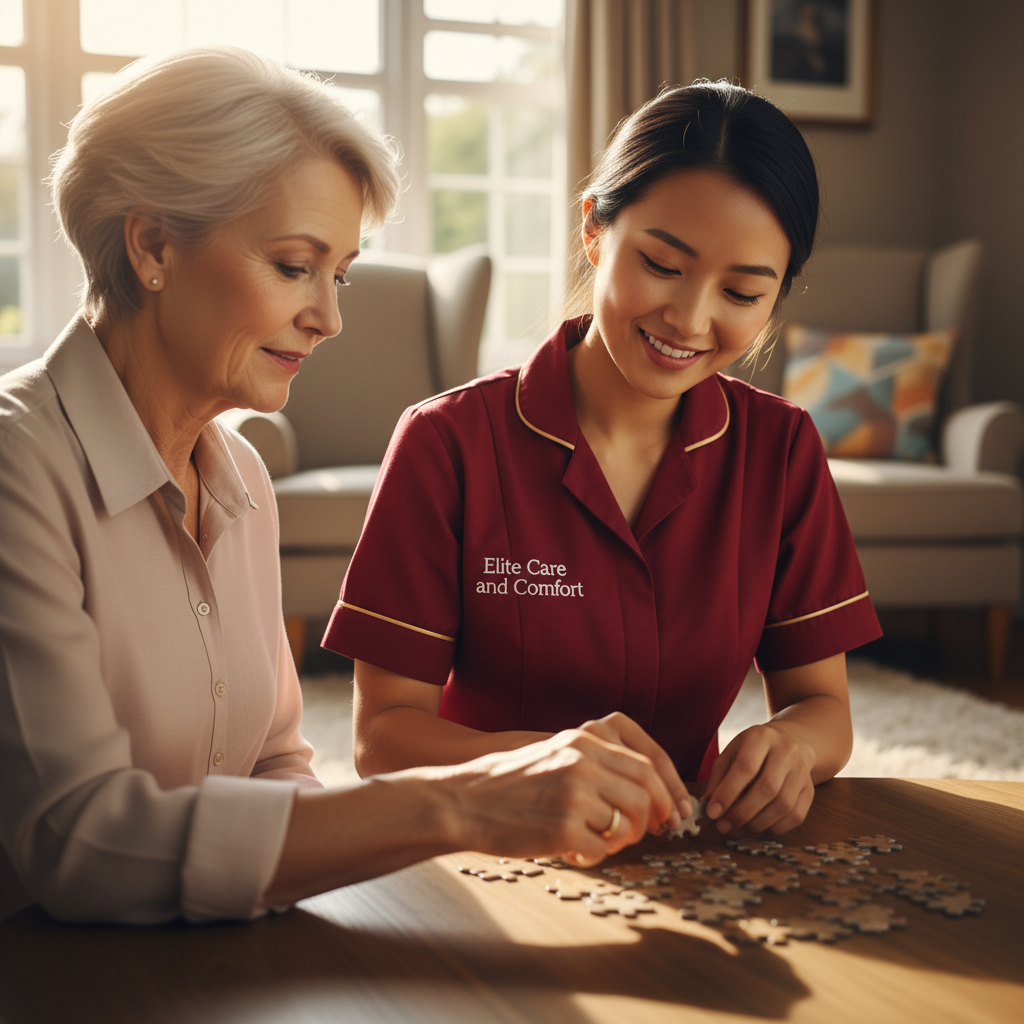 Elite Care and Comfort carer providing short term respite support for an older woman at home