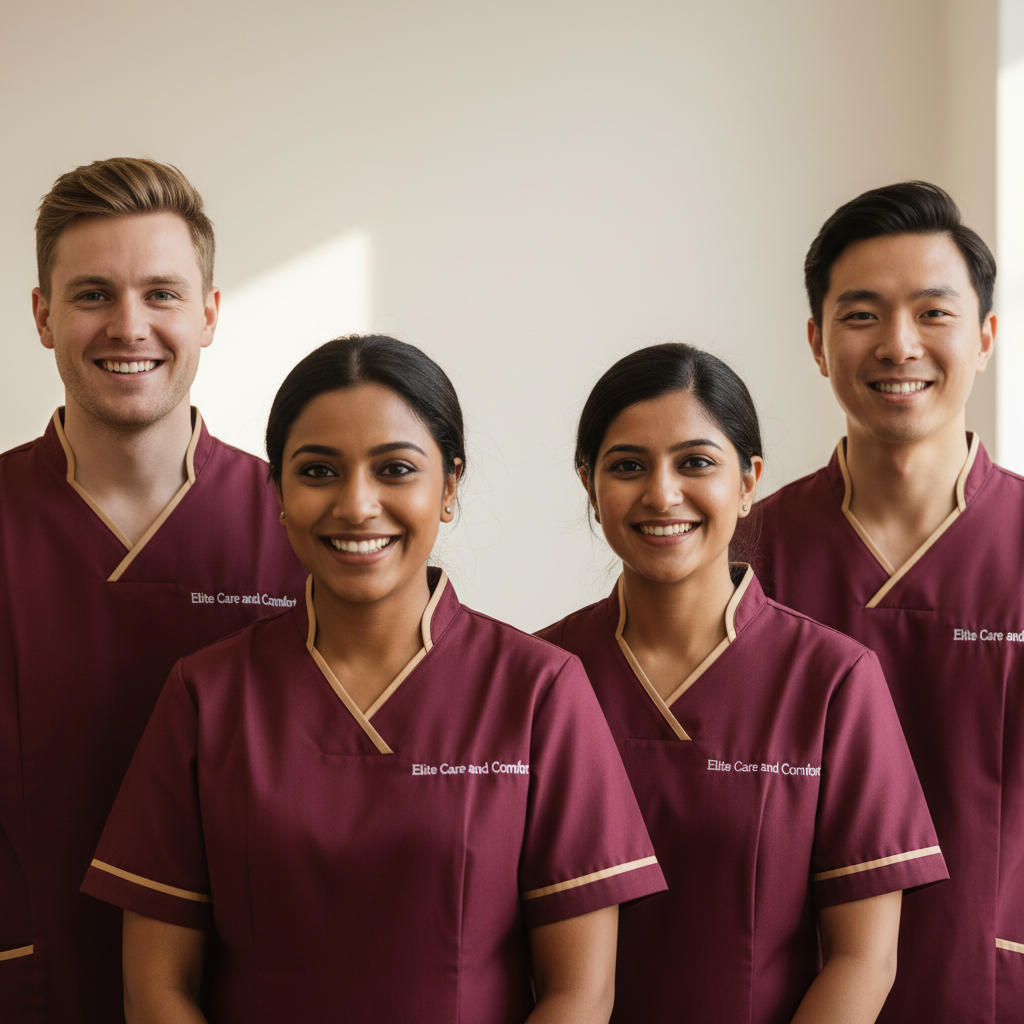 The diverse, professional Elite Care and Comfort carer team in crimson uniforms