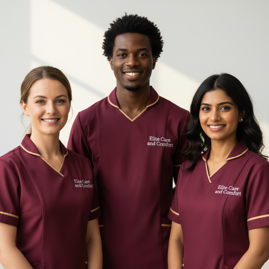 Diverse Elite Care and Comfort respite care team in crimson uniforms across Barnsley, Doncaster and Cumbria